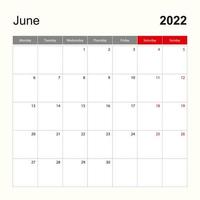 wandkalendervorlage für juni 2022. urlaubs- und veranstaltungsplaner, die woche beginnt am montag. vektor