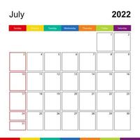 juli 2022 färgglad väggkalender, veckan börjar på söndag. vektor