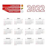 kalender 2022 på spanska språket med helgdagar landet ecuador år 2022. vektor