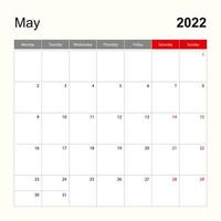 väggkalendermall för maj 2022. semester- och evenemangsplanerare, veckan börjar på måndag. vektor
