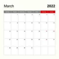 väggkalendermall för mars 2022. semester- och evenemangsplanerare, veckan börjar på måndag. vektor