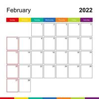 Februar 2022 bunter Wandkalender, Woche beginnt am Sonntag. vektor