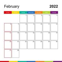 februari 2022 färgglad väggkalender, veckan börjar på söndag. vektor