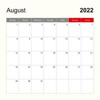 väggkalendermall för augusti 2022. semester- och evenemangsplanerare, veckan börjar på måndag. vektor