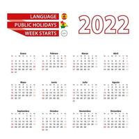 Kalender 2022 in spanischer Sprache mit Feiertagen das Land Bolivien im Jahr 2022. vektor