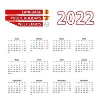 kalender 2022 på spanska språket med helgdagar landet Spanien år 2022. vektor