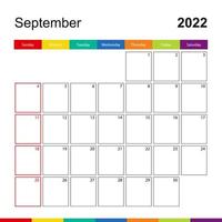 september 2022 färgglad väggkalender, veckan börjar på söndag. vektor