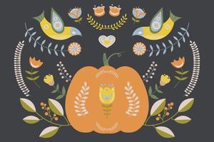 Herbstvolksillustration mit Kürbis, Vögeln und Blumenmotiven. vektor