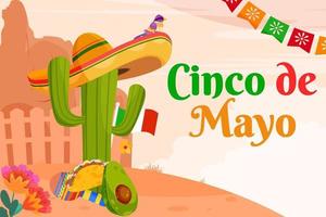 flacher cinco de mayo mexikanischer festivalhintergrundkaktus mit sombrero vektor