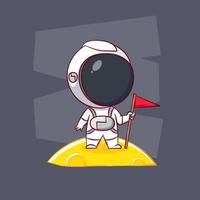 niedlicher cartoon des astronauten, der flagge auf dem mond hält. hand gezeichneter chibi-charakter lokalisierter hintergrund vektor