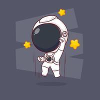 niedlicher Cartoon des Astronauten, der mit Sternen herumspringt. hand gezeichneter chibi-charakter lokalisierter hintergrund vektor