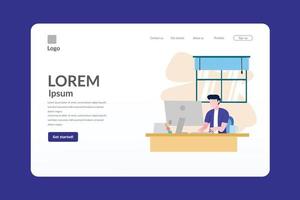 enkel målsida med vektorman som sitter vid skrivbord och dator vektor