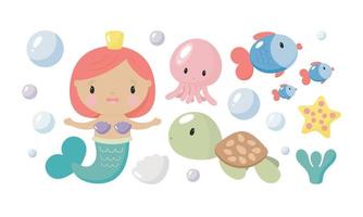 Zeichentrickfiguren aus dem Meer. süße meerjungfrau, qualle, meeresschildkröte, seestern, fisch. gut für Einladungen zur Babyparty, Geburtstagskarten, Aufkleber, Drucke usw. vektor