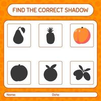 Finden Sie das richtige Schattenspiel mit Pfirsich. arbeitsblatt für vorschulkinder, kinderaktivitätsblatt vektor