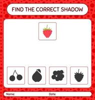 Finden Sie das richtige Schattenspiel mit Himbeere. arbeitsblatt für vorschulkinder, kinderaktivitätsblatt vektor