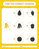Finden Sie das richtige Schattenspiel mit Banane. arbeitsblatt für vorschulkinder, kinderaktivitätsblatt vektor