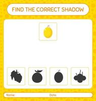 Finden Sie das richtige Schattenspiel mit Honigmelone. arbeitsblatt für vorschulkinder, kinderaktivitätsblatt vektor