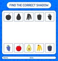 hitta rätt skuggspel med frukt. arbetsblad för förskolebarn, aktivitetsblad för barn vektor