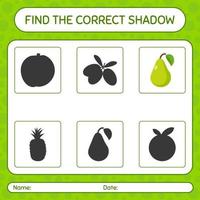 Finden Sie das richtige Schattenspiel mit Birne. arbeitsblatt für vorschulkinder, kinderaktivitätsblatt vektor