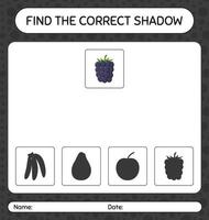 Finden Sie das richtige Schattenspiel mit Blackberry. arbeitsblatt für vorschulkinder, kinderaktivitätsblatt vektor