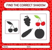 Finden Sie das richtige Schattenspiel mit Kirsche. arbeitsblatt für vorschulkinder, kinderaktivitätsblatt vektor