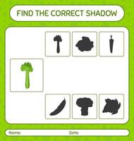 Finden Sie das richtige Schattenspiel mit Sellerie. arbeitsblatt für vorschulkinder, kinderaktivitätsblatt vektor