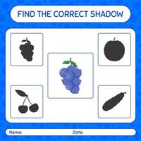 Finden Sie das richtige Schattenspiel mit Blaubeere. arbeitsblatt für vorschulkinder, kinderaktivitätsblatt vektor