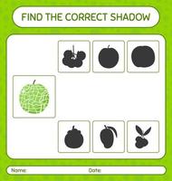 Finden Sie das richtige Schattenspiel mit Melone. arbeitsblatt für vorschulkinder, kinderaktivitätsblatt vektor