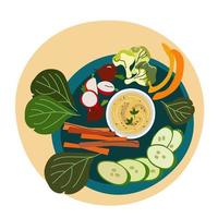Hummus-Gemüse. Frühstück. Draufsicht-Vektor-Illustration. vektor