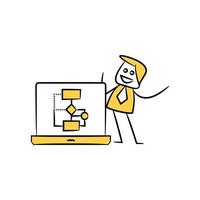 affärsman med datordiagram gul doodle tema illustration vektor