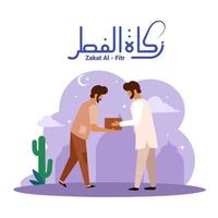 muslimische Männer geben Almosen, mit dem arabischen Text zakat al fitr, was Almosen bedeutet, die den Armen am Ende des Fastens im heiligen Monat Ramadan gegeben werden. Vektor-Illustration.