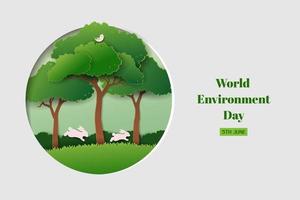Weltumwelttag-Konzept, umweltfreundliches Design mit grünen Bäumen der Papierkunst auf Kreisformhintergrund vektor