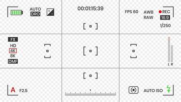 Kamera-Sucher-Video- oder Fotorahmen-Recorder flache Design-Vektorillustration. digitalkamera-sucher mit belichtungseinstellungen und fokussiergittervorlage. vektor