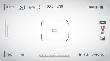 Kamera-Sucher-Video- oder Fotorahmen-Recorder flache Design-Vektorillustration. digitalkamera-sucher mit belichtungseinstellungen und fokussiergittervorlage. vektor