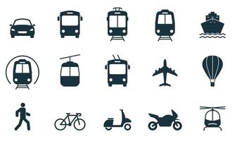 fordon, luft, järnväg, cykel, motorcykel transport siluett Ikonuppsättning. bil, buss, spårvagn, tåg, tunnelbana, flygplan och fartyg glyf symbol. hållplatsskylt för kollektivtrafik. isolerade vektor illustration.