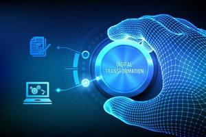 digitale Transformation. Digitalisierung von Geschäftsprozessen und moderner Technologie. Wireframe-Hand, die einen Knopf dreht und den digitalen Modus auswählt. digitalisierung des analogen datenkonzepts. Vektor-Illustration. vektor