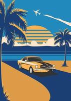 Retro-Autoposter mit Meereslandschaft, Palmen und Sonnenuntergang in Vintage-Farben vektor