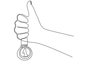 en rad ritning av vintage mänsklig hand håller band skiss med guldmedalj. emblem designkoncept i retrostil isolerad på vit bakgrund. kontinuerlig linje ritning vektorgrafisk illustration vektor
