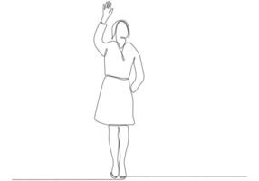 ununterbrochene Linie der Frau, die mit der Hand winkt, willkommen vektor