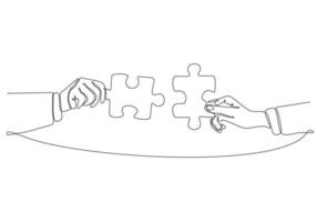 Kontinuierliche Strichzeichnung von Hand verschmelzen zwei Puzzleteile, die auf weißem Hintergrund isoliert sind.