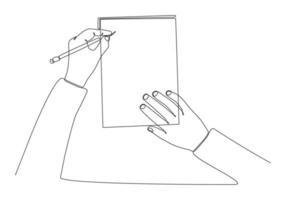 Kontinuierliche Linienzeichnung der Hand eines Mannes, die etwas auf einen Notizblock schreibt, der auf einer weißen Hintergrundvektorillustration isoliert ist