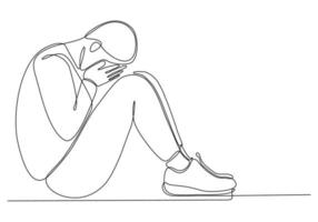 kontinuerlig linjeteckning av ung man som känner sig ledsen, trött och orolig som lider av depression i psykisk hälsa vektorillustration vektor