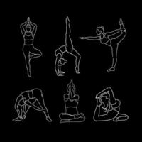 Illustration einer Frau, die Yoga handgezeichnet, minimalistischen Vektor-Schwarz-Weiß-Umrissstil praktiziert vektor