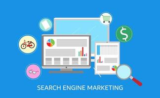SEO-Marketing-Kampagne, SEM, Suchmaschinenoptimierung für Unternehmen. flacher vektor der internet-marketing-suche mit symbolen und texten