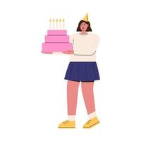 glad kvinna firar födelsedag med tårta vektor