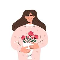 vacker kvinna håller en bukett blommor vektor