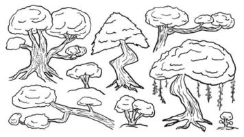 doodle handritade träd konceptkonst vektor kontur mallsamling för målarbok och grafiskt landskap