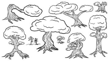 Bäume Konzeptkunst handgezeichnete Doodle-Vektor-Umriss-Vorlagen-Sammlung für Malbuch und grafische Landschaft vektor