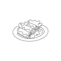 en kontinuerlig linjeteckning av färska läckra kinesiska vårrulle restaurang logotyp emblem. asiatisk mat café butik logotyp mall koncept. moderna en rad rita design vektorgrafisk illustration vektor