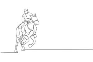 en kontinuerlig linje ritning ung häst ryttare man i aktion för att springa. hästträning på tävlingsbanan. ridsport tävling koncept. dynamisk enda rad rita design grafisk vektorillustration vektor